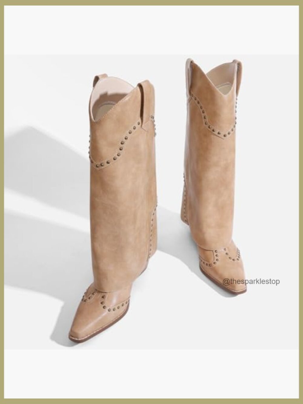 Faux Leather Snip Toe Fold Over Chunky Heel Pull On Cowboy Studded Boots - Picture 4 of 7